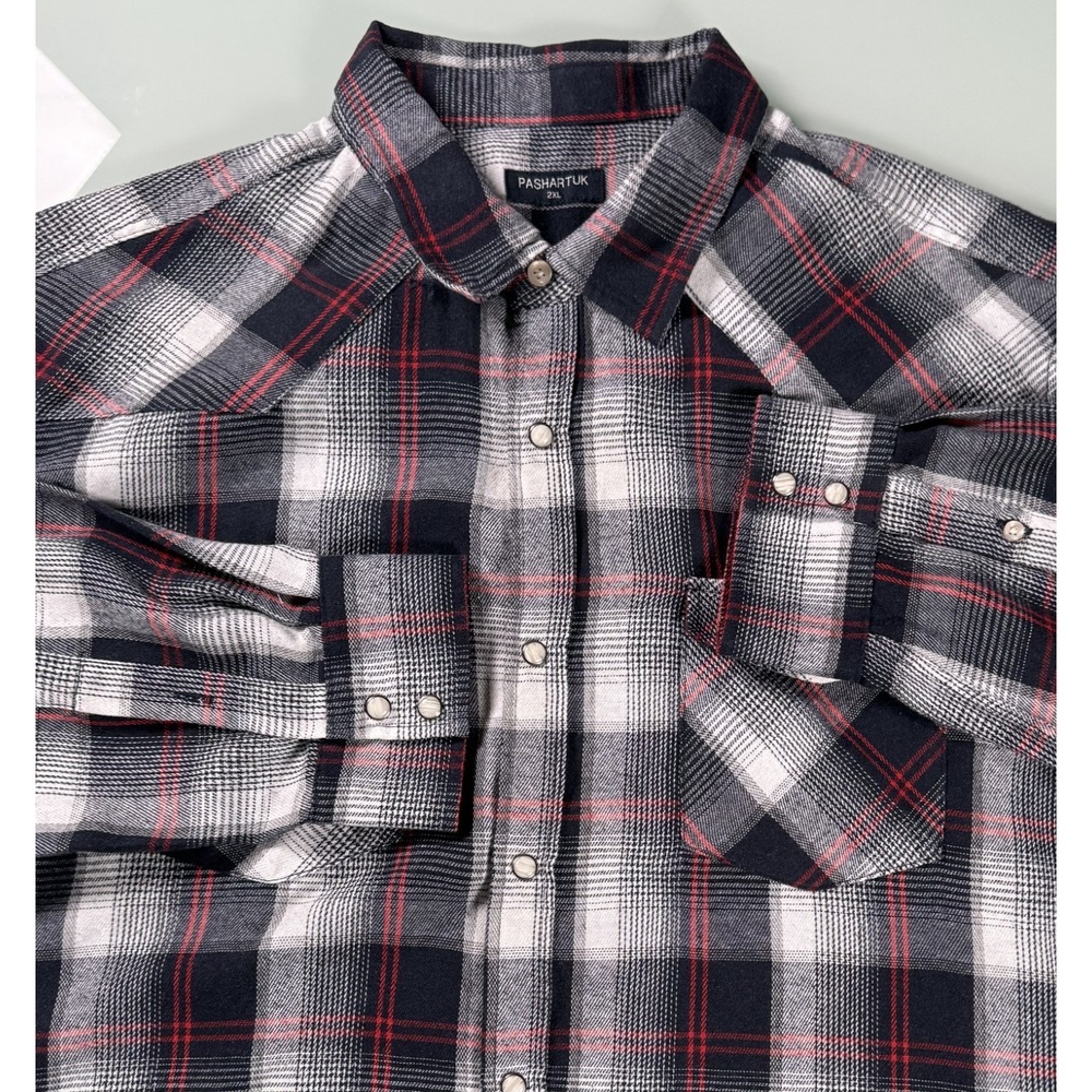 PASHARTUK  Pearl Snap Flannel Shirt Men's 2XL Plaid Long Sleeve Casual DadCore